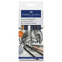 Sada uhlíkov Faber Castell, 2x prírodný, 2x umelý, biela ceruza ,guma a roztiera